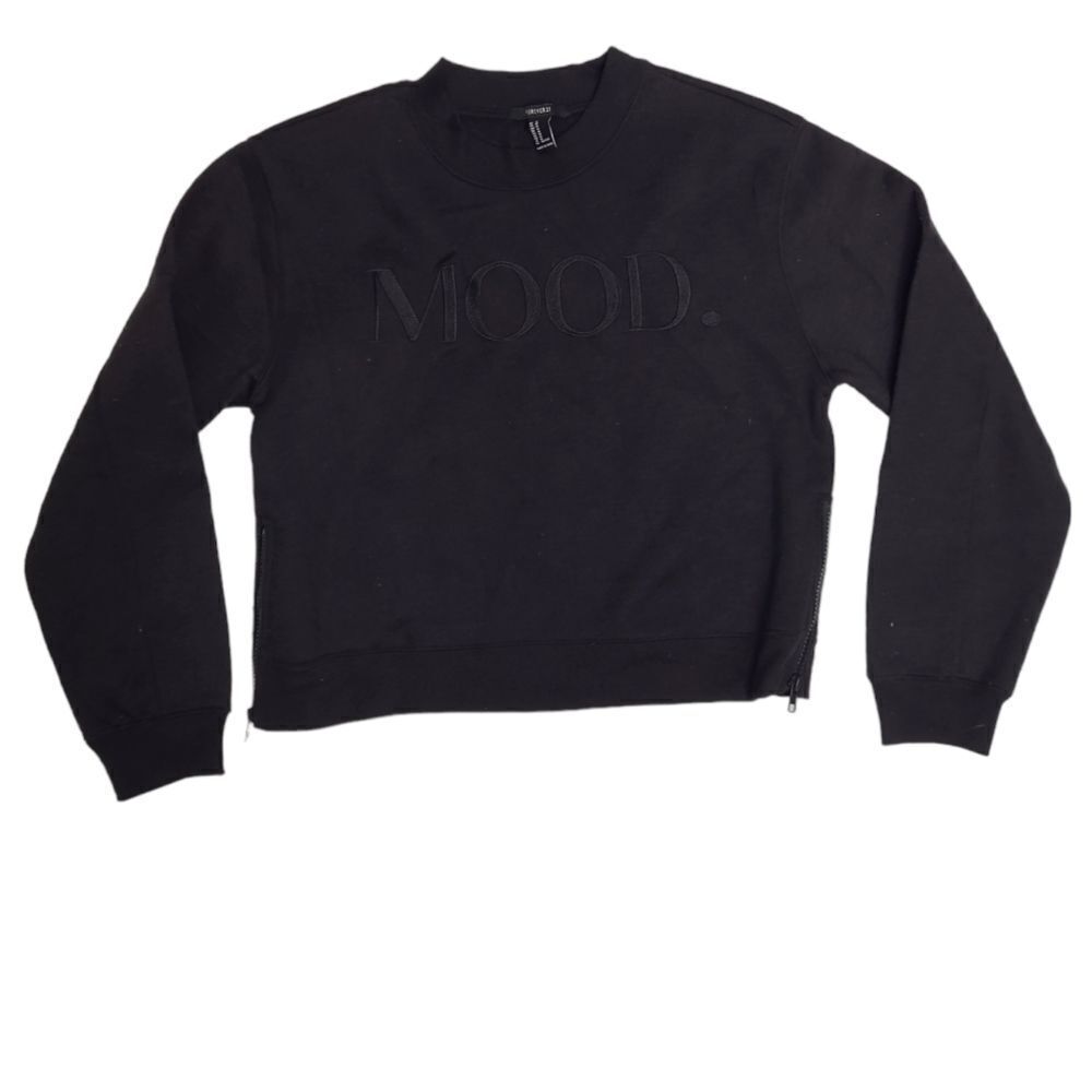 MOOD black monochrome embroidered boxy zip side crew neck sweatshirt M